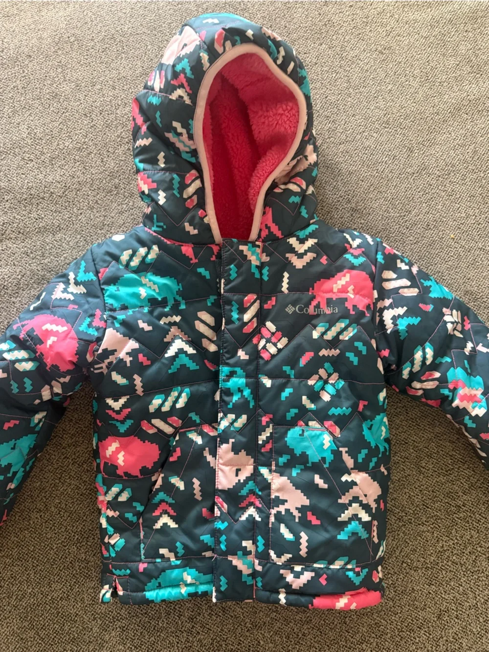 Columbia Kids Navy Puffer Jacket with Pink & Teal Pixel Print